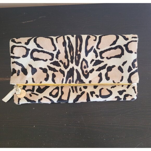 Clare Vivier Calf Hair Leopard Print Top Zip Foldover Clutch Handbag Brown Cream - Picture 1 of 8
